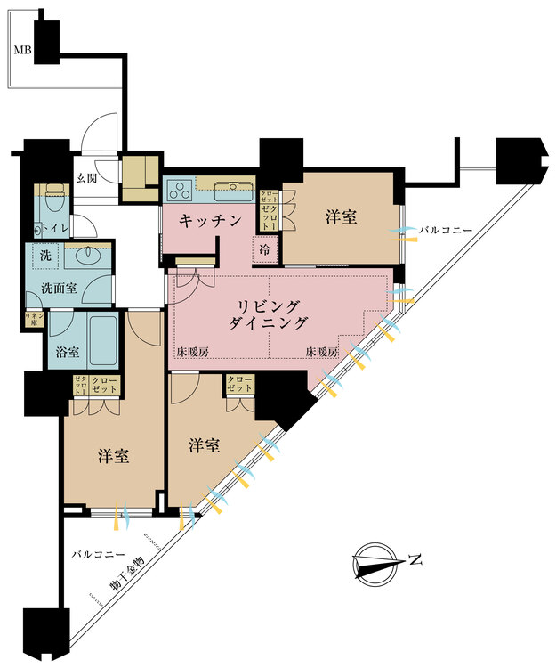 間取り 3LDK、専有面積70.05m2、バルコニー面積6.2m2