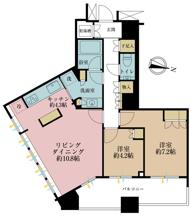 間取り 2LDK、専有面積66.7m2、バルコニー面積9.72m2