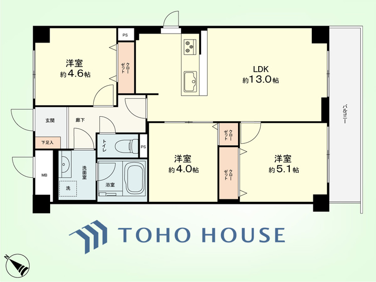 間取り 3LDK　専有面積60平米、バルコニー面積6.78平米