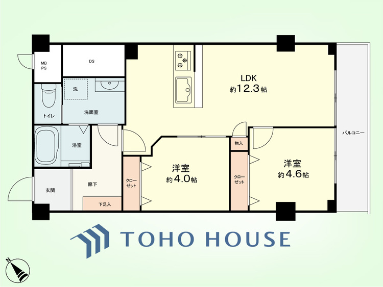 間取り 2LDK　専有面積52.38平米、バルコニー面積5.51平米
