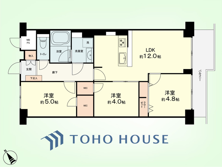 間取り 3LDK　専有面積61.60平米、バルコニー面積6.34平米