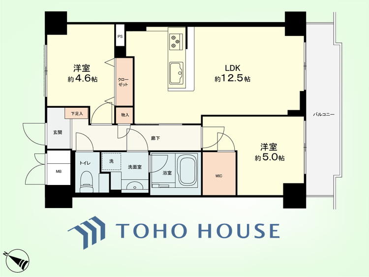 間取り 2LDK　専有面積54.00平米、バルコニー面積6.98平米
