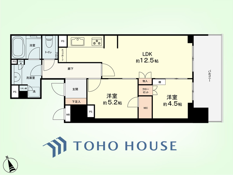 間取り 2LDK+リネン庫　専有面積56.04平米、バルコニー面積9.90平米