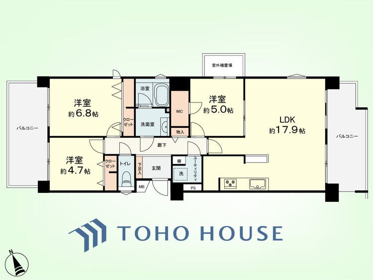 間取り 3LDK+ユーティリティ　専有面積79.09平米、バルコニー面積20.8平米
