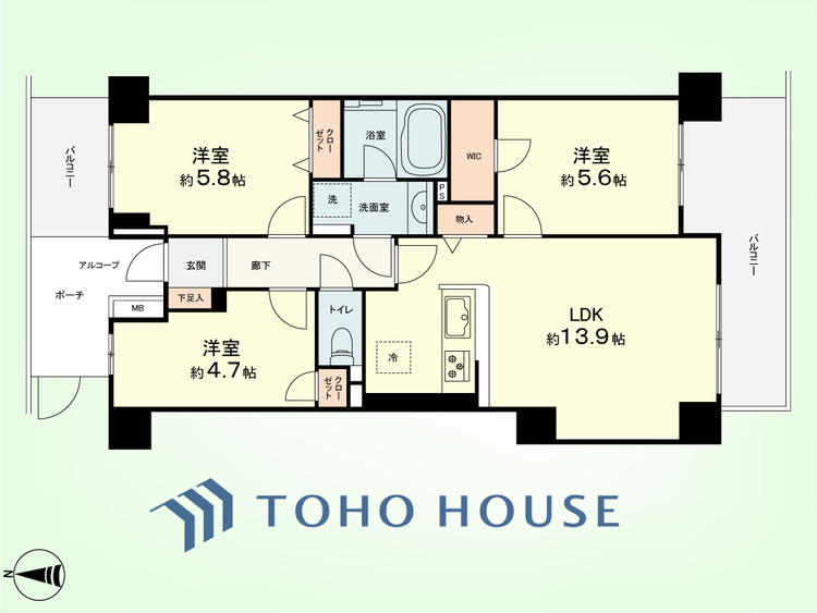 間取り 3LDK　専有面積64.49平米、バルコニー面積12.88平米
