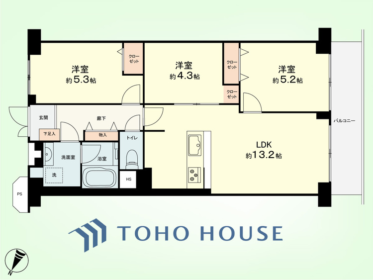間取り 3LDK　専有面積61.6平米、バルコニー面積6.72平米