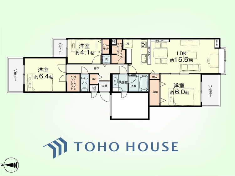 間取り 3LDK　専有面積74.85平米、バルコニー面積9.65平米