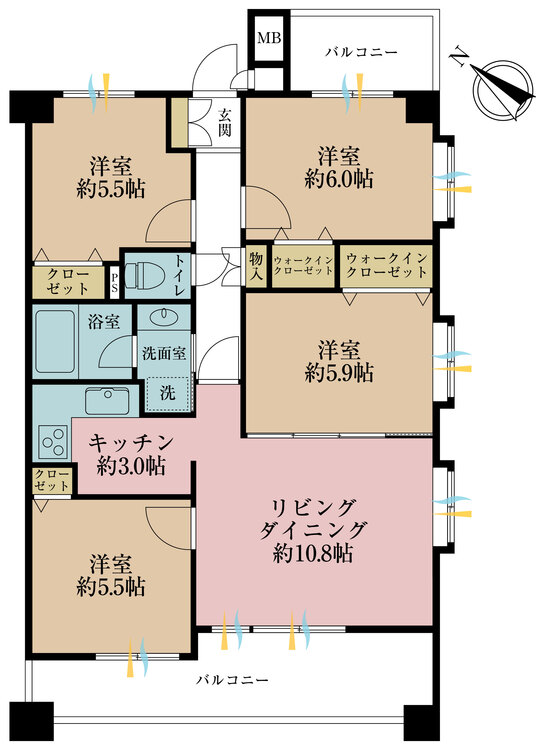 間取り 4LDK、専有面積77.31m2、バルコニー面積15.01m2
