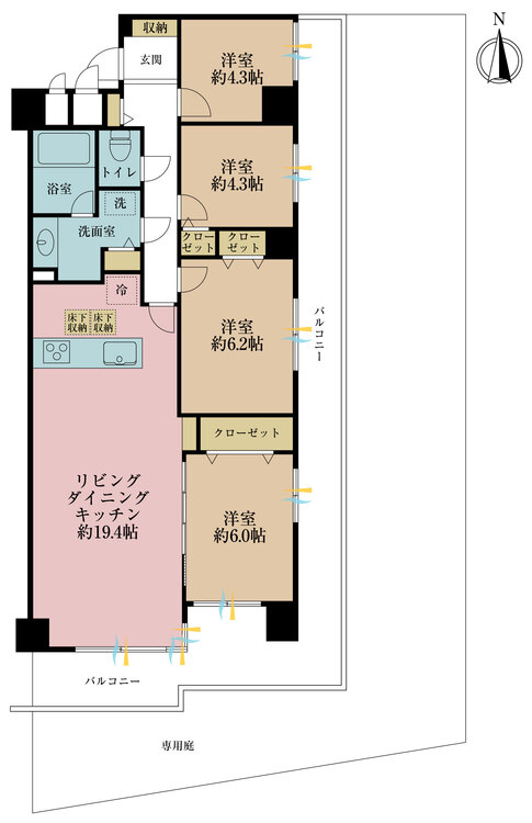 間取り 4LDK、専有面積88.49m2、バルコニー面積28.52m2