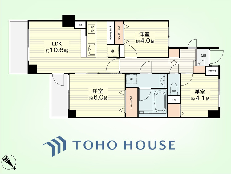間取り 3LDK　専有面積58.71平米、バルコニー面積6.84平米
