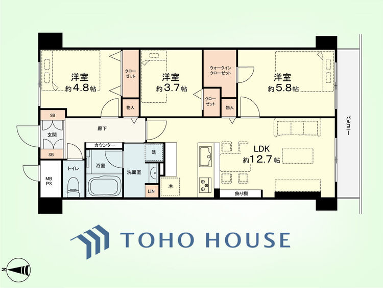 間取り 3LDK+LIN　専有面積62.72平米、バルコニー面積5.32平米