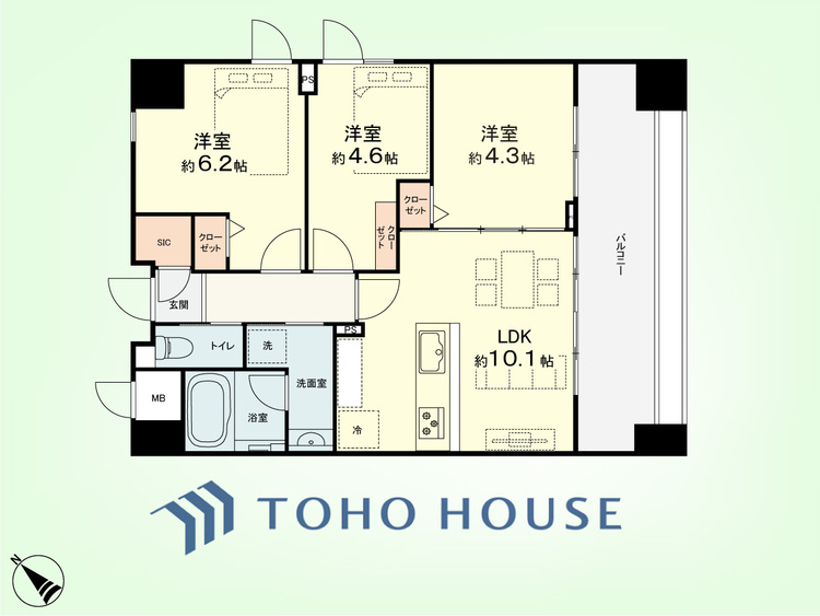 間取り 3LDK　専有面積57.85平米、バルコニー面積11.01平米