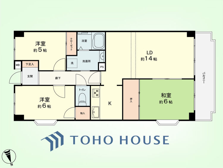 間取り 3LDK　専有面積69.96平米、バルコニー面積7平米