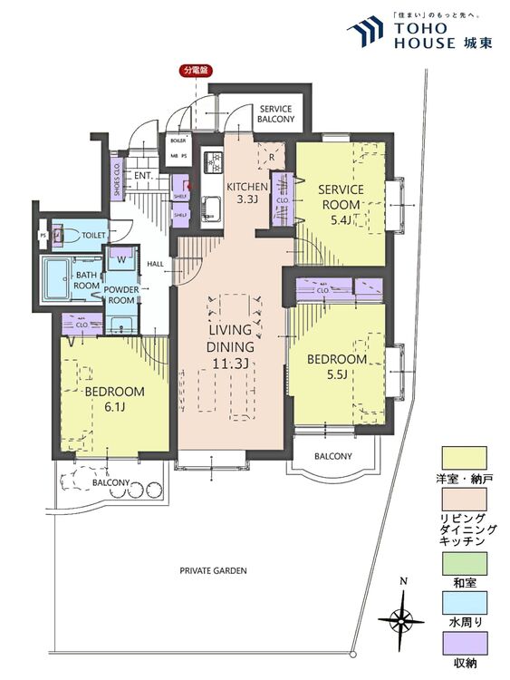 間取り ２ＳＬＤＫ、専有面積７６．０２平米、バルコニー面積８．９５平米、専用庭面積４２．１平米