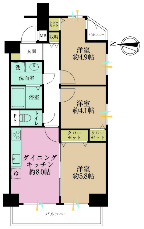 その他 3DK、専有面積55.45m2、バルコニー面積6.91m2
