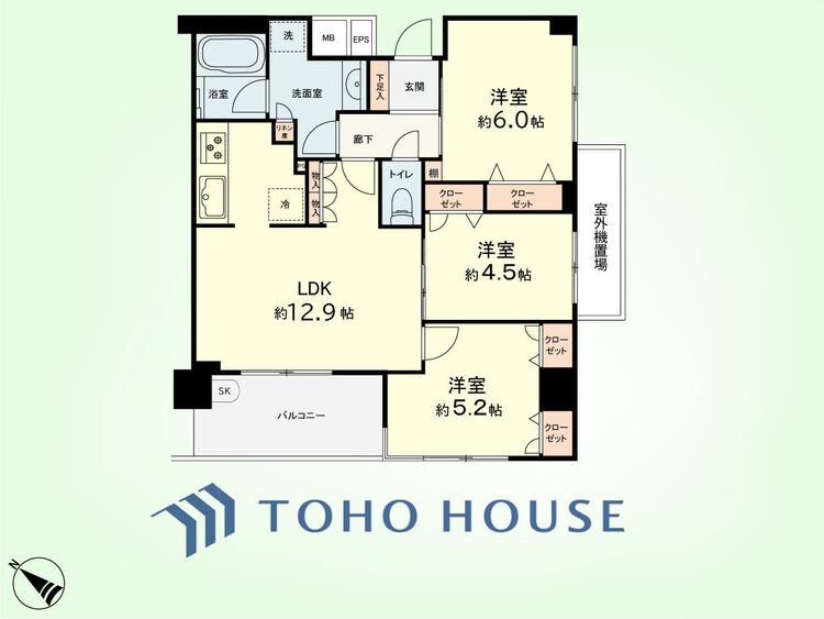 間取り 3LDK+リネン庫　専有面積64.16平米、バルコニー面積7.2平米