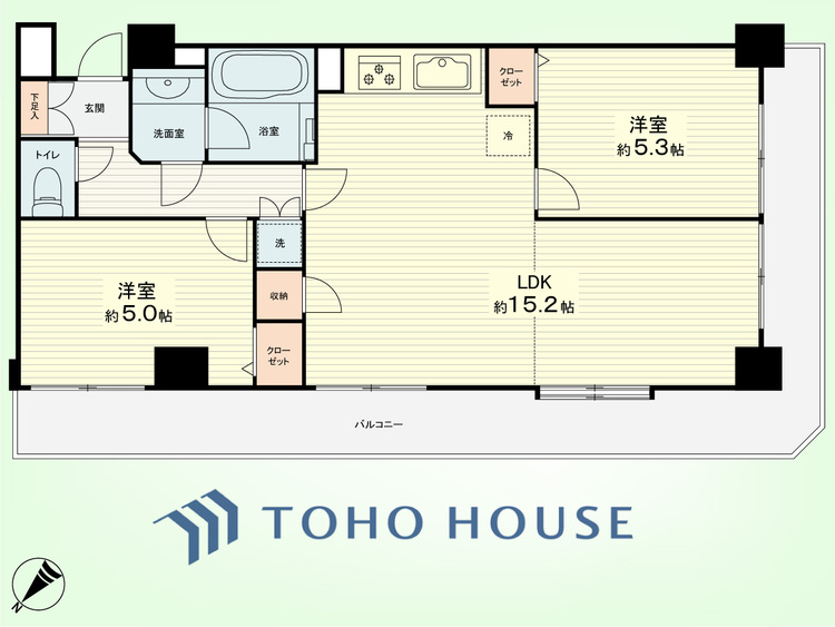 間取り 2LDK　専有面積59.72平米、バルコニー面積17.57平米