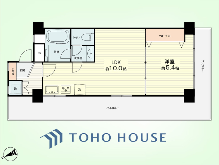間取り 1LDK　専有面積平38.19米、バルコニー面積17.96平米