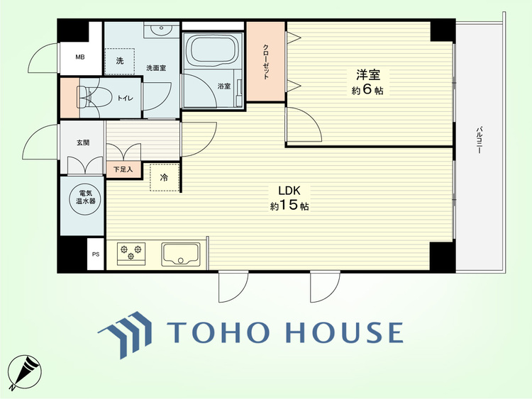 間取り 1LDK　専有面積46.75平米、バルコニー面積6.6平米