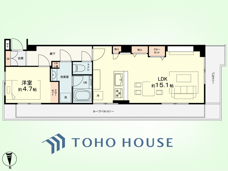 間取り 1LDK　専有面積46.41平米、バルコニー面積4.09平米、ルーフバルコニー面積10.89平米