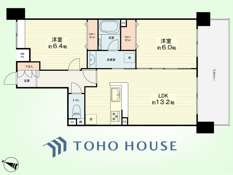 間取り 2LDK　専有面積57.34平米、バルコニー面積11.71平米