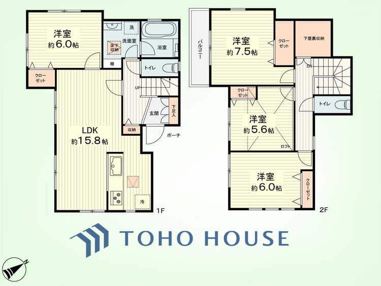 間取り 4LDK+ロフト、下屋裏収納　土地面積100.91平米、建物面積98.53平米