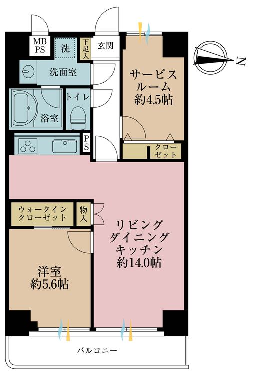 間取り 1LDK+S（納戸）、専有面積55.68m2、バルコニー面積8.94m2