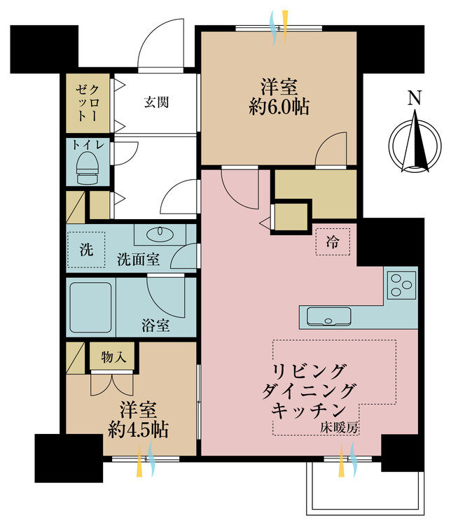 間取り 2LDK、専有面積55.47m2、バルコニー面積5.01m2
