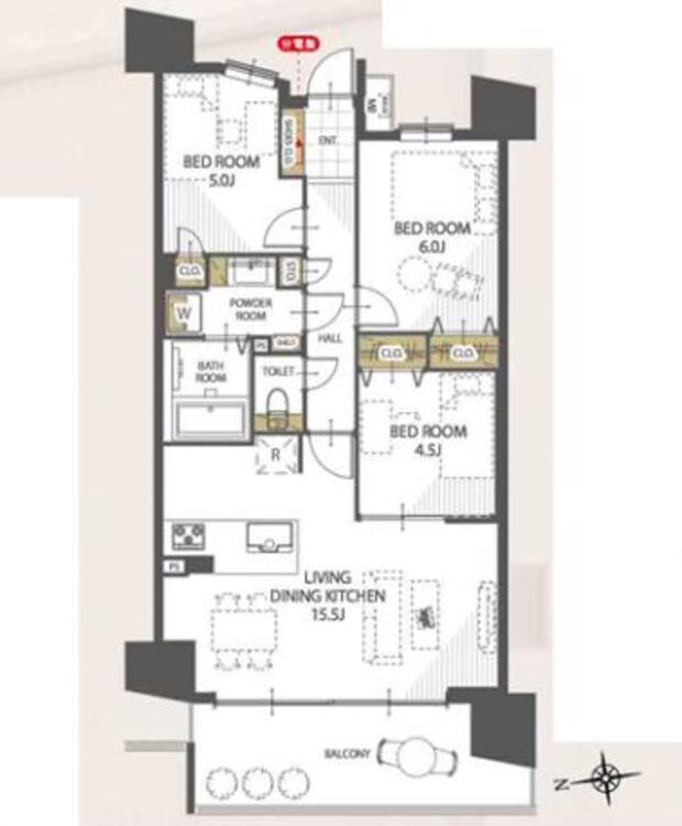 間取り 西バルコニーで午後の日当たりが良く、冬場も暖かい