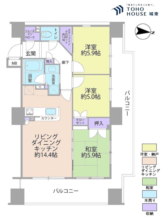 間取り ３ＬＤＫ、専有面積７０．４０平米、バルコニー面積３０.７１平米