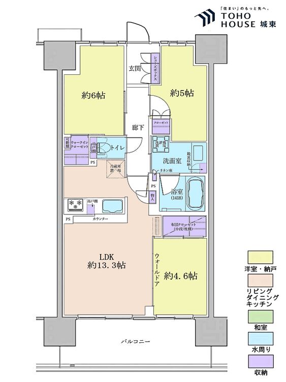 間取り ３ＬＤＫ、専有面積６５．４０平米、バルコニー面積１２．００平米
