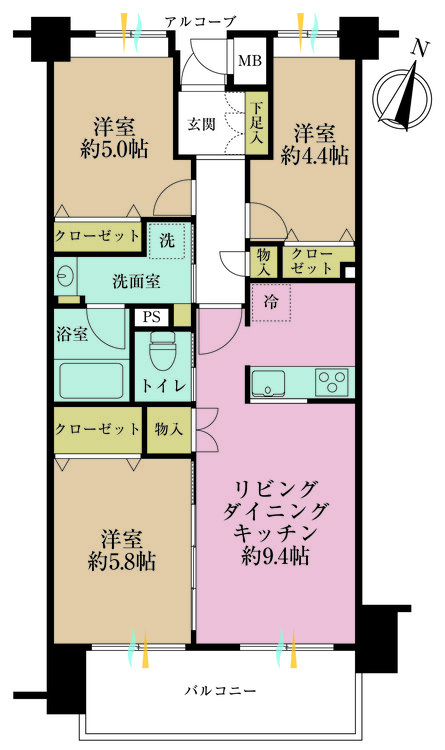 その他 3LDK、専有面積62.24m2、バルコニー面積7.7m2