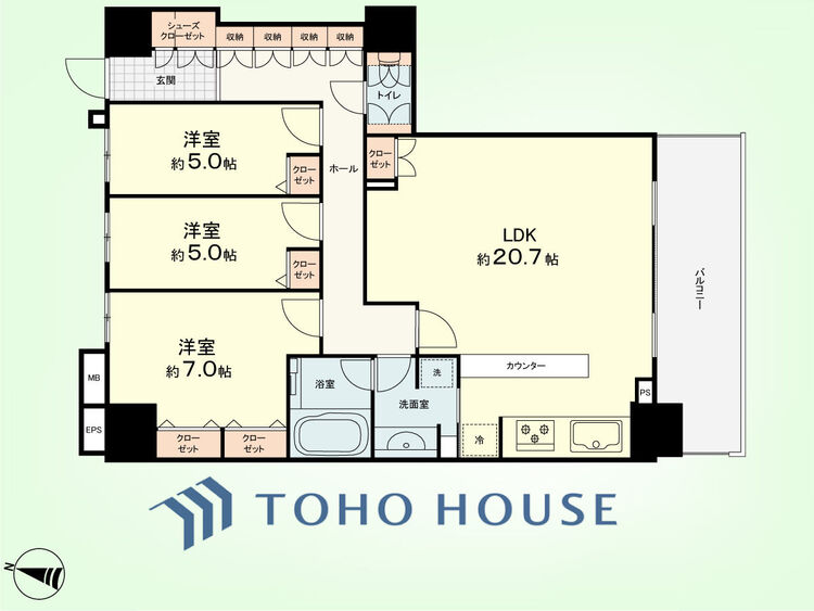 間取り 3LDK　専有面積90.97平米、バルコニー面積11.90平米