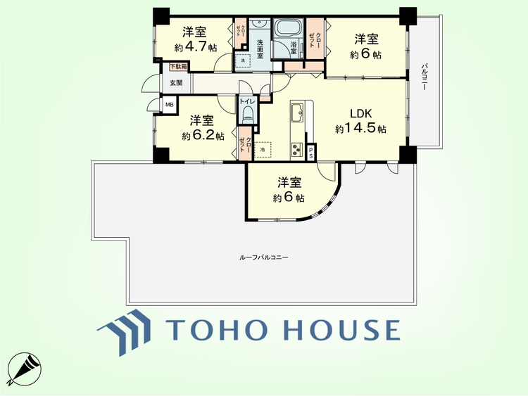 間取り 4LDK　専有面積78.87平米、バルコニー面積8.19平米、ルーフバルコニー面積73.89平米