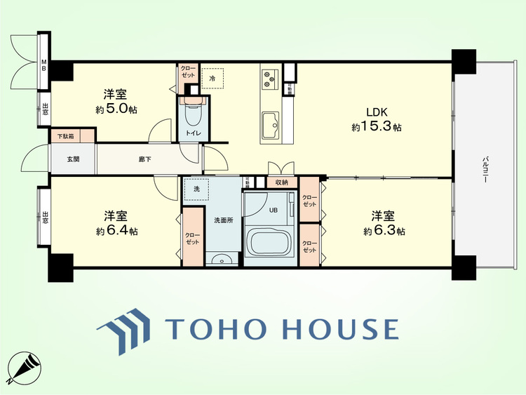 間取り 3LDK　専有面積70.20平米、バルコニー面積10.80平米