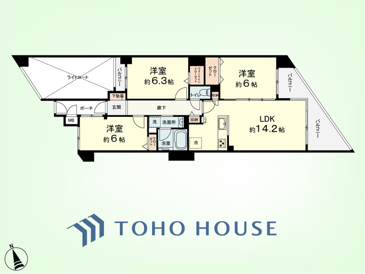 間取り 3LDK　専有面積71.09平米、バルコニー面積11.37平米