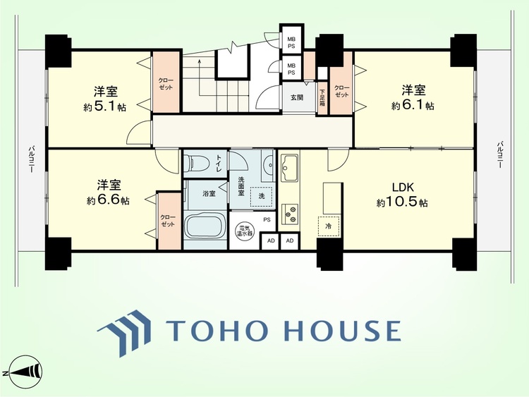 間取り 3LDK　専有面積66.95平米、バルコニー面積11.60平米