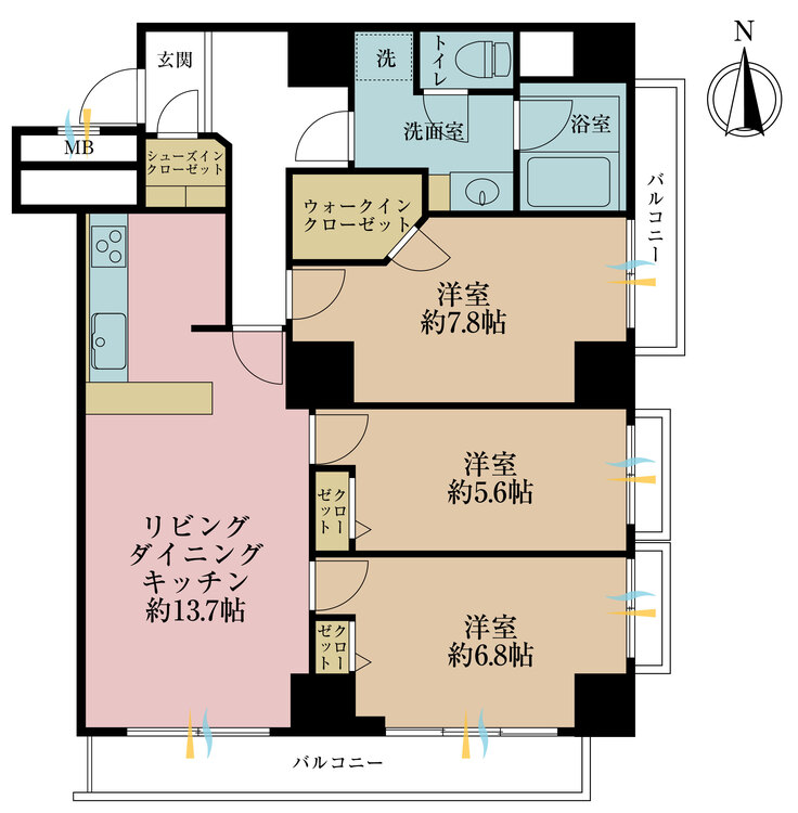 間取り 3LDK、専有面積80.7m2、バルコニー面積10.26m2