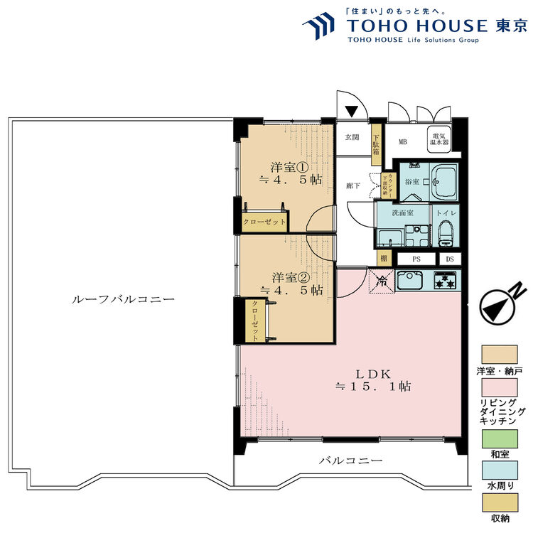 間取り 2LDK、専有面積56.42m2、バルコニー面積66.28m2