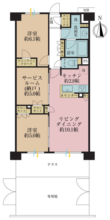 間取り 2LDK+S（納戸）、専有面積63.8m2