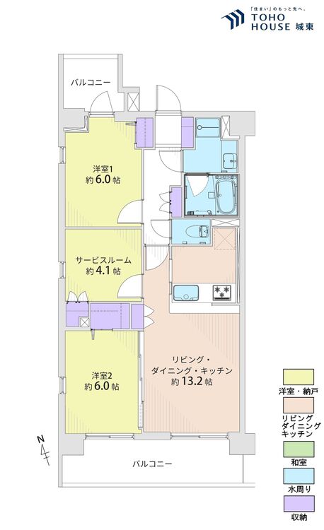 間取り ２ＳＬＤＫ、専有面積６４．２平米、バルコニー面積１３．４平米