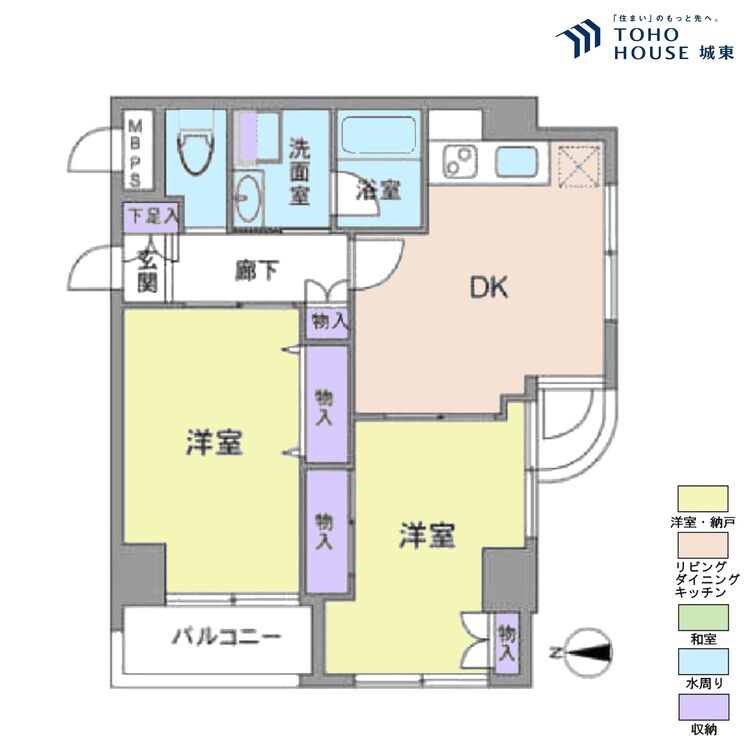 間取り ２ＤＫ、専有面積５０．３７平米、バルコニー面積３．１９平米