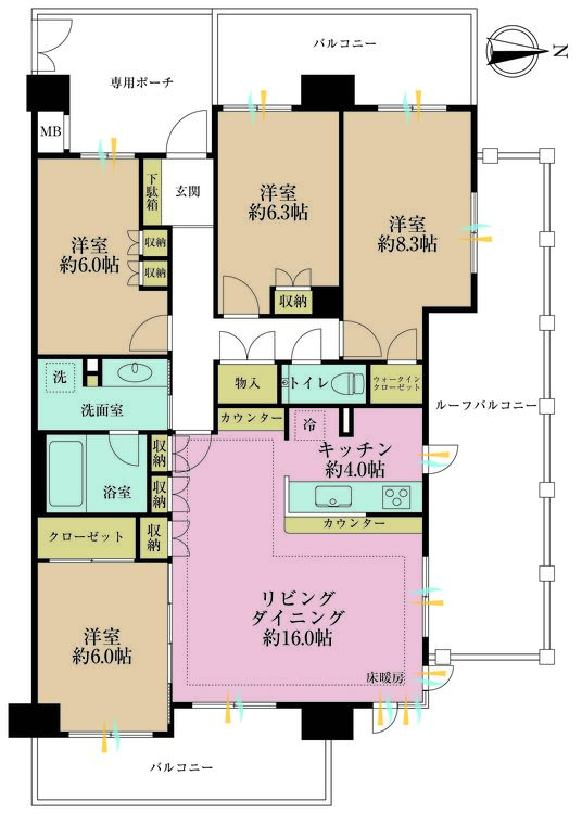 その他 4LDK、専有面積102.36m2、バルコニー面積22.99m2