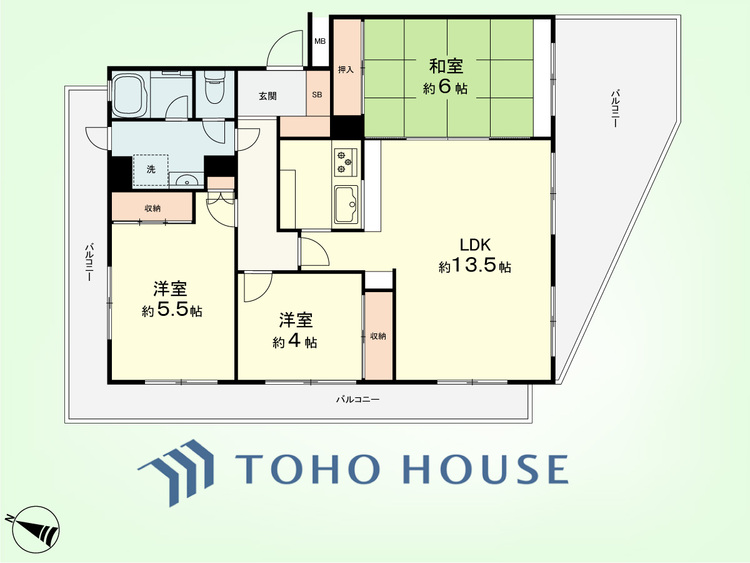 間取り 3LDK　専有面積74.85平米、バルコニー面積23.07平米