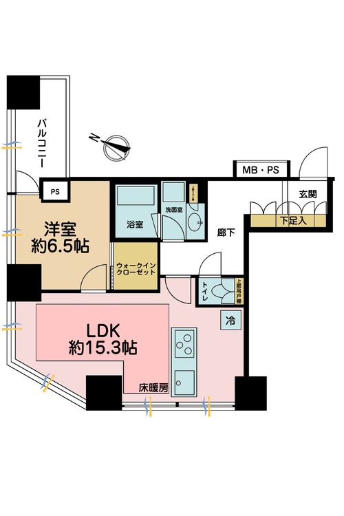 間取り 1LDK、専有面積55?、バルコニー面積6.2? 