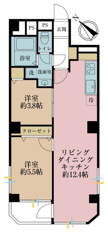 間取り 2LDK、専有面積53.12m2、バルコニー面積2.87m2