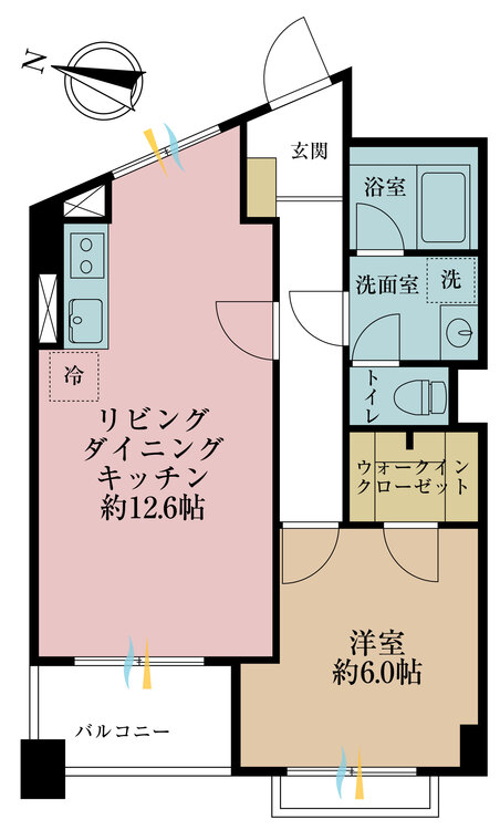 間取り 1LDK、専有面積45.08m2、バルコニー面積3.91m2