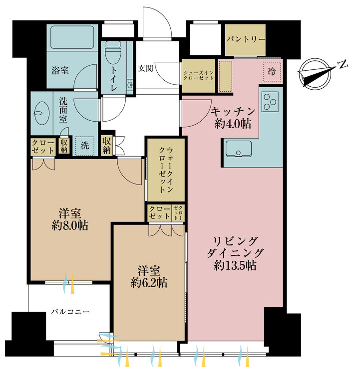 間取り 2LDK、専有面積77.39m2、バルコニー面積4.03m2