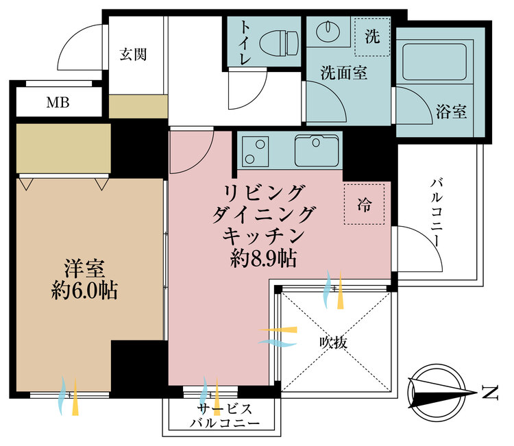 間取り 1LDK、専有面積39.68m2、バルコニー面積3.67m2