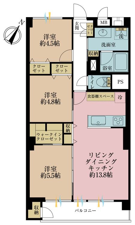 間取り 3LDK、専有面積69.28m2、バルコニー面積7.42m2